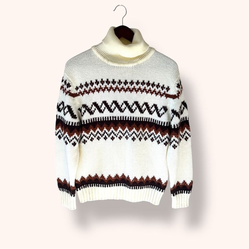 SALE 🍒 Vintage Fair Isle Knit Turtleneck Sweater, Cream Neutral Pattern